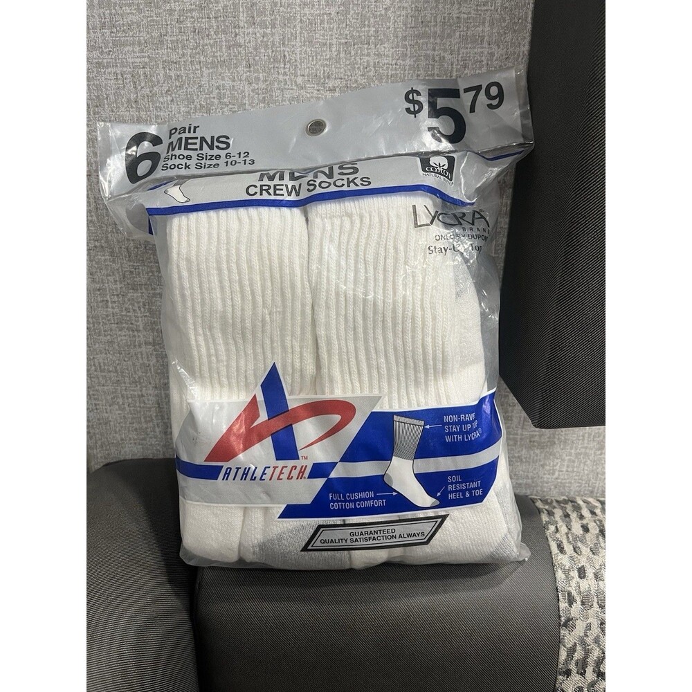 6 Vintage Kmart Athletech Crew Socks White Men’s Shoe Sz 6-12 Cotton Blend USA
